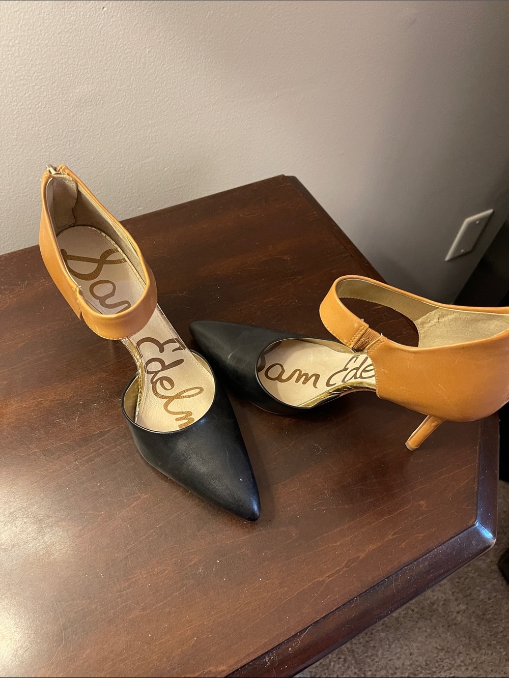 Sam Edelman Black and Tan Pointed Strap Pumps